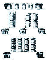 Виды гальванических элементов, изображенных Вольтой в письме к Бэнксу: вверху - чашечная батарея, внизу - варианты  "вольтовых столбов"